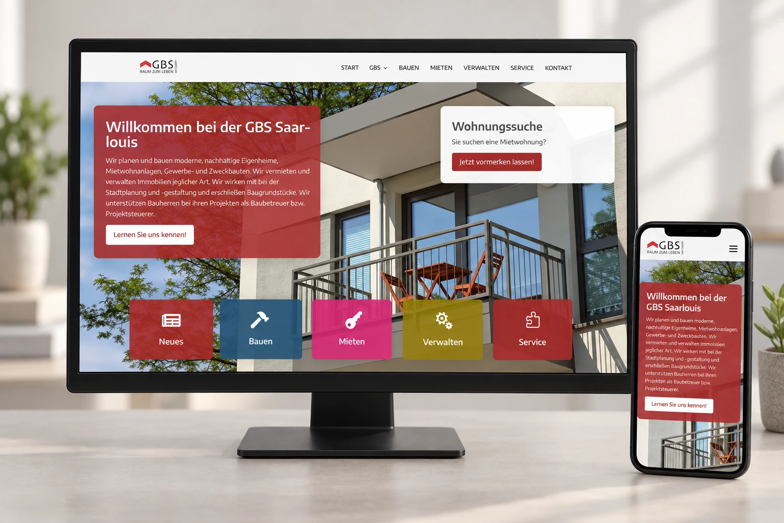 Website der GBS Saarlouis mit Hauptnavigation und Servicebereichen