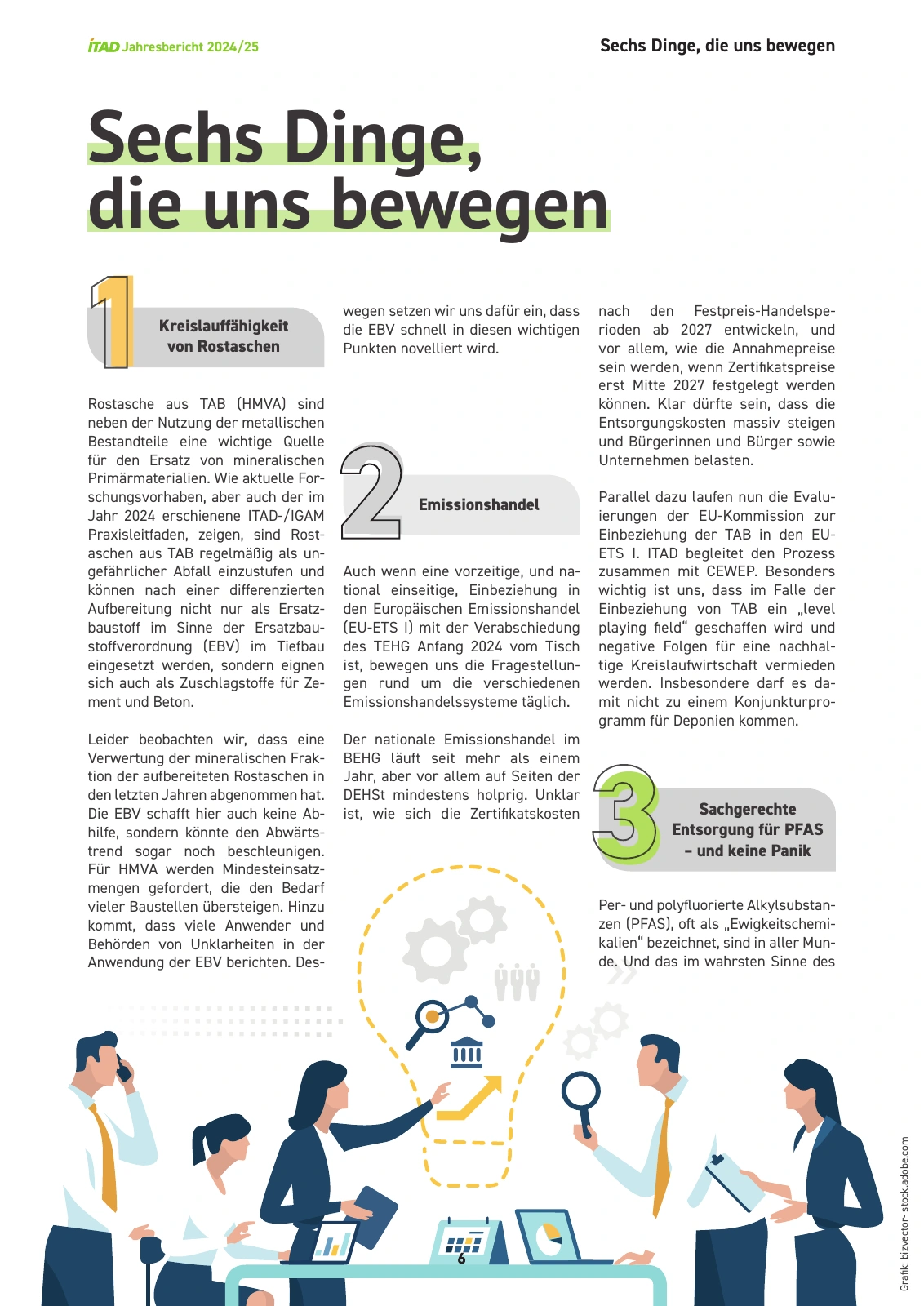 Sechs Dinge, die uns bewegen – Editorial-Layout mit drei Spalten und Illustration