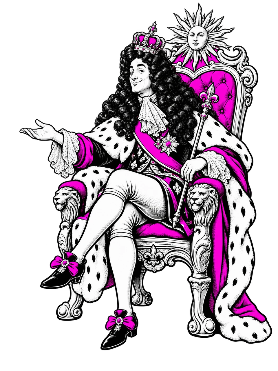 Humorvolle Illustration des Sonnenkönigs Ludwig XIV. auf seinem Thron